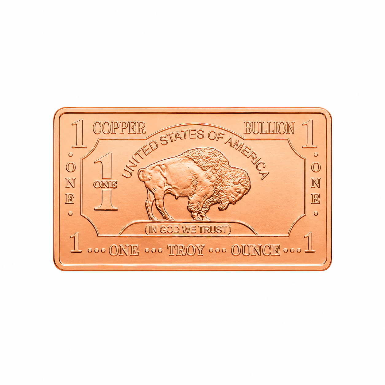 1 Troy Ounce oz .999 Copper Buffalo Bar Front